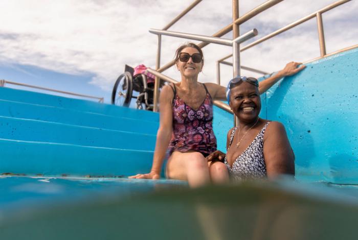 Two ladies at The Entrance Ocean Baths. 